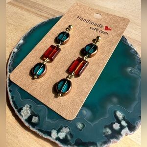 Handmade 24k Gold Plated Teal + Brown Glass Earrings